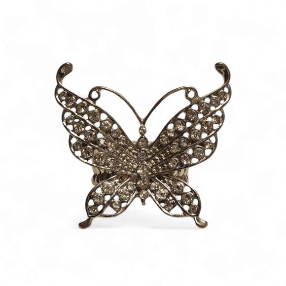 Beautiful Vintage Butterfly Ring, Clear Rhinestones and Adjustable Silver Band - Picture 2 of 7